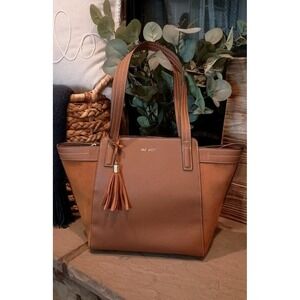 Nine West Brown Tote Shoulder Bag Faux Leather Suede Panel NWOT
